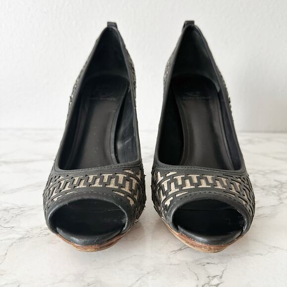 Tory Burch Regan Signature Logo Wood Platform Peep Toe Heels Women’s Size 11 - Picture 2 of 14